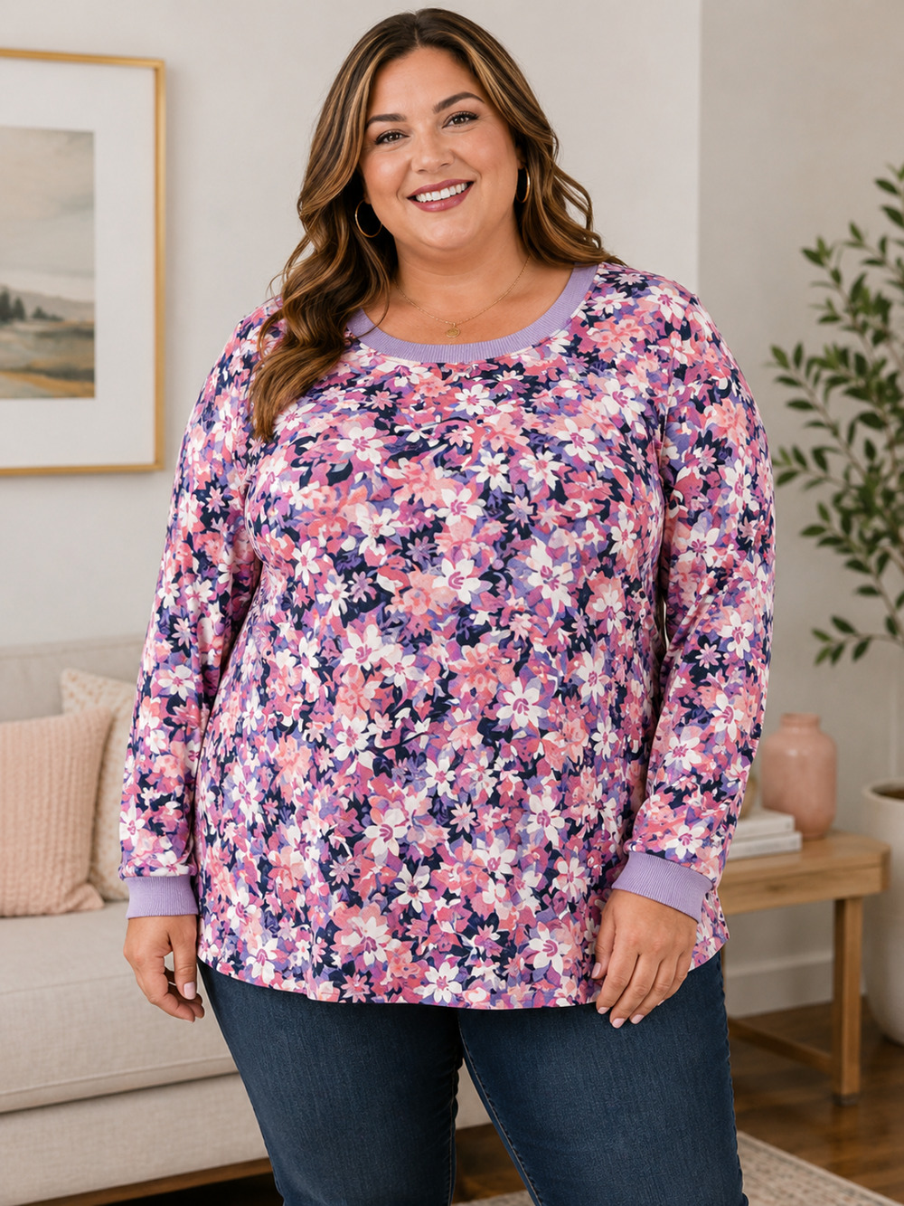 Vera Bradley Women’s 3XL Pink Purple Floral Long Sleeve Tunic Top Ribbed Trim